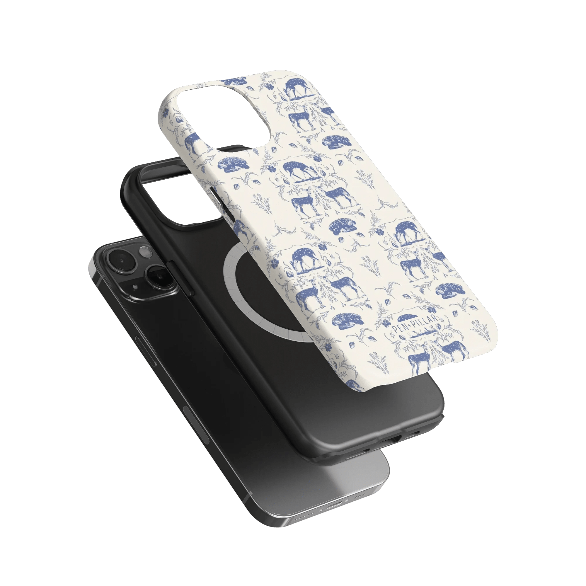 Woodland iPhone case featuring a blue and white animal print design, stacked over a black phone case.