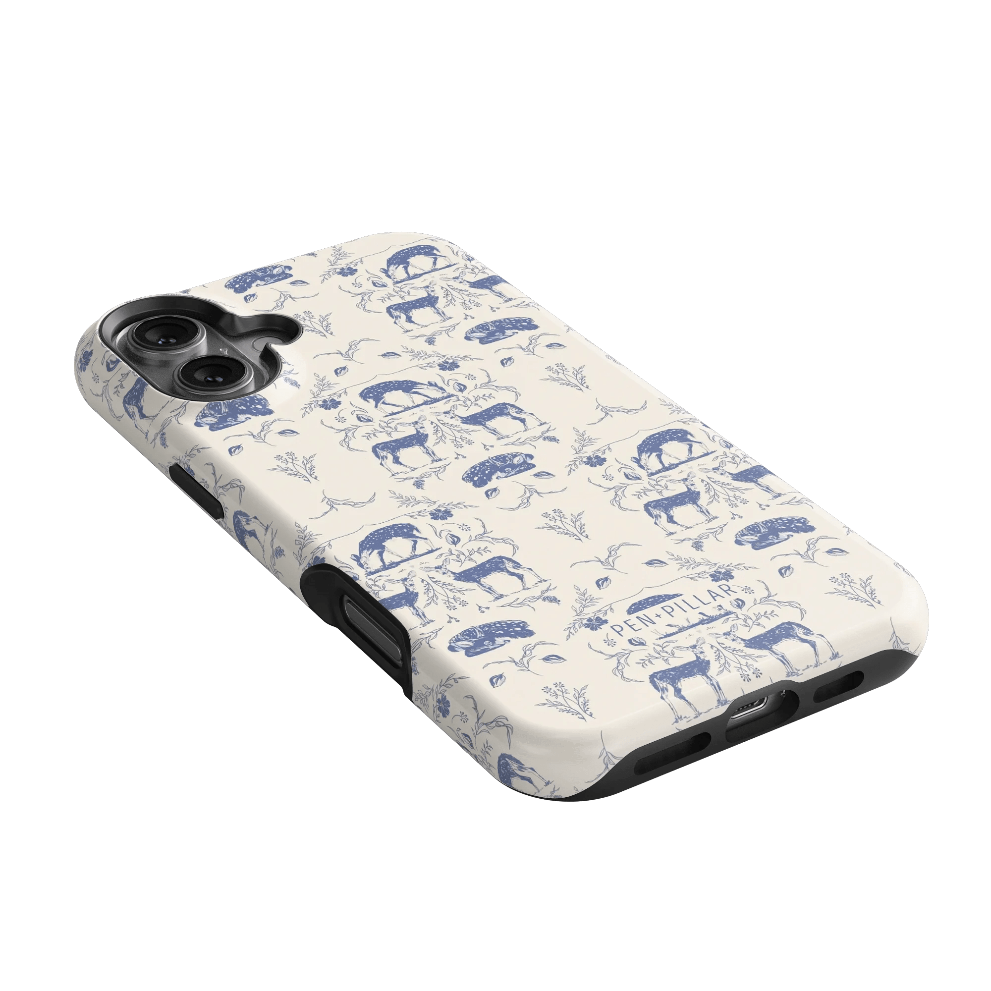 Woodland iPhone case featuring a blue and cream design with deer and floral patterns, angled to show the side.
