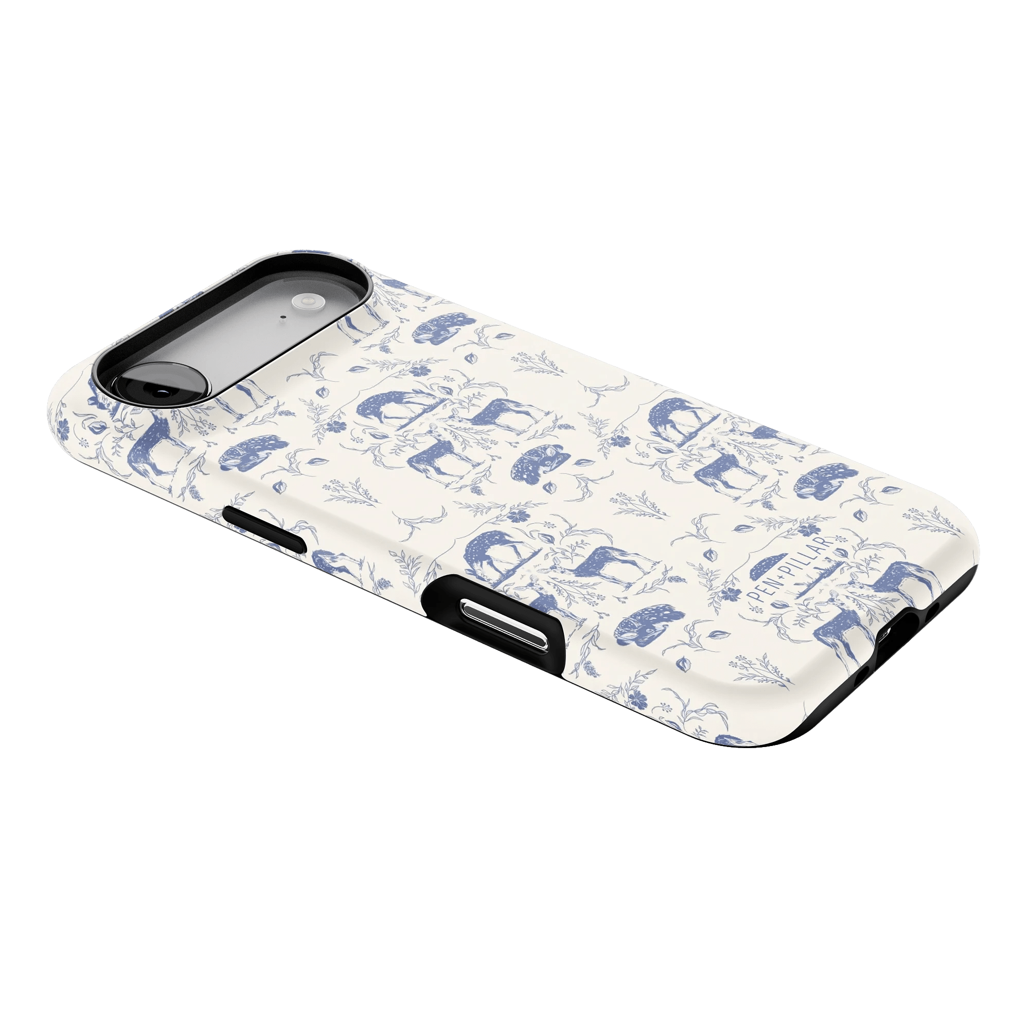 Woodland iPhone case featuring a blue and white floral design with various woodland animals on a light background.
