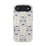 Woodland iPhone case featuring a blue and cream floral pattern with deer and mushrooms.