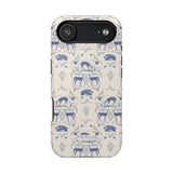 Woodland iPhone case featuring a blue and cream floral pattern with deer and mushrooms.