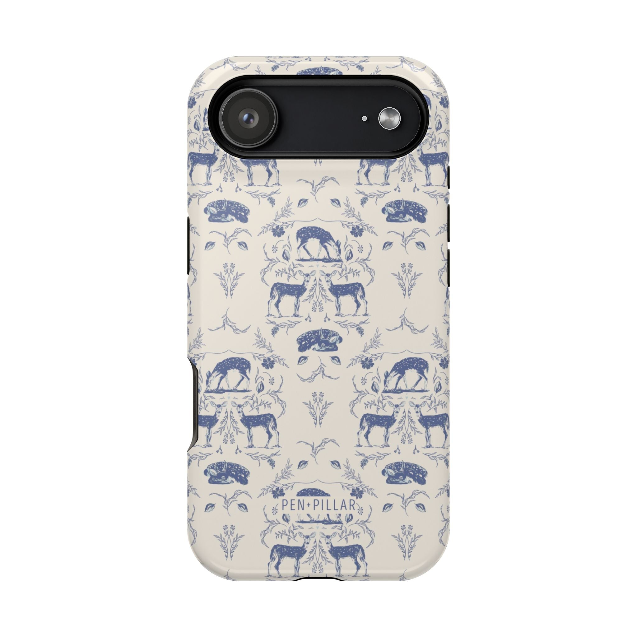 Woodland iPhone case featuring a blue and cream floral pattern with deer and mushrooms.