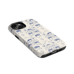 Woodland iPhone case featuring a blue and white pattern of animals and foliage on a light background.