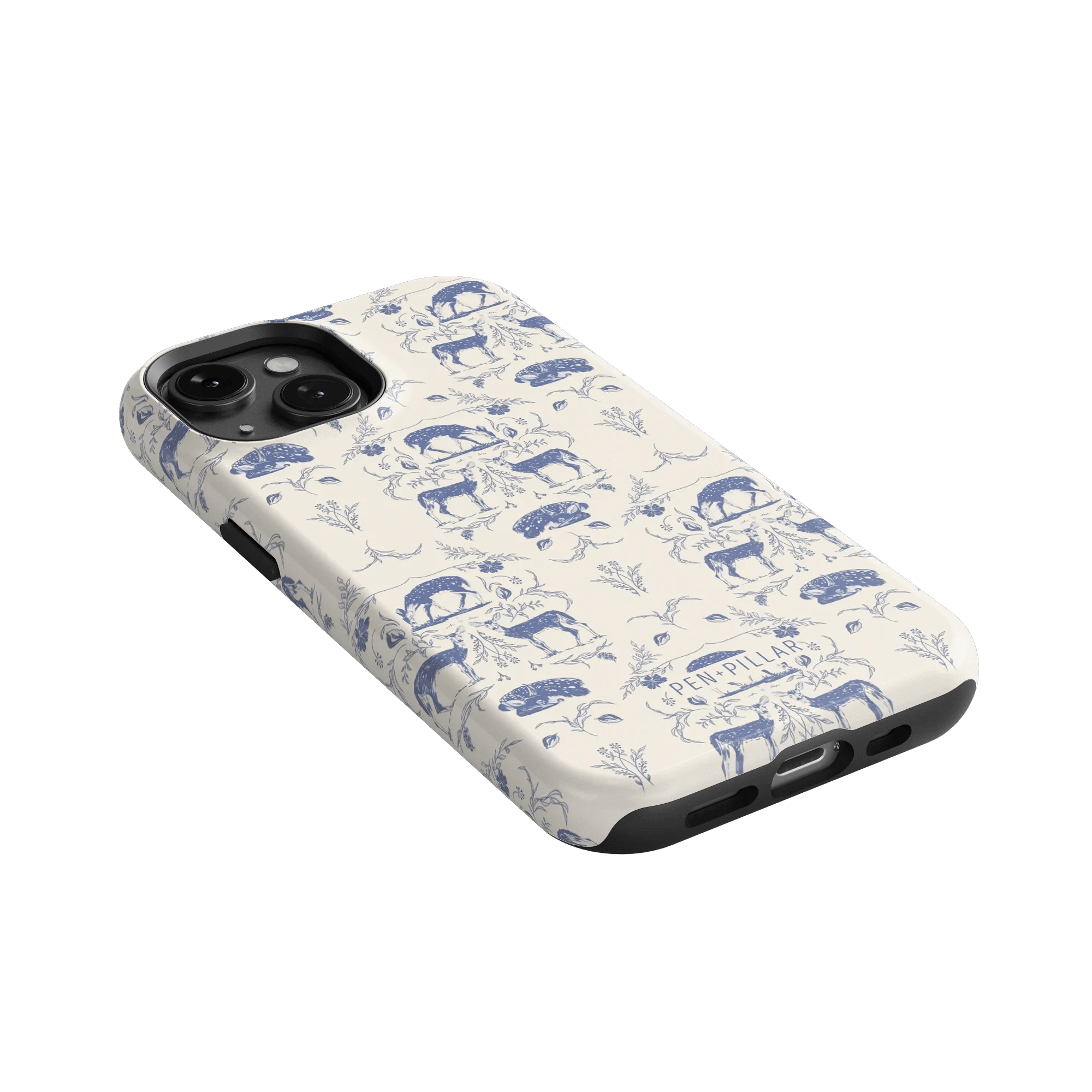 Woodland iPhone case featuring a blue and white pattern of animals and foliage on a light background.