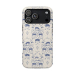 Woodland iPhone case featuring a blue and cream floral pattern with deer and botanical elements.