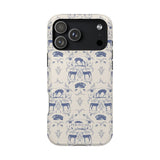 Woodland iPhone case featuring a blue and cream floral pattern with deer and botanical elements.