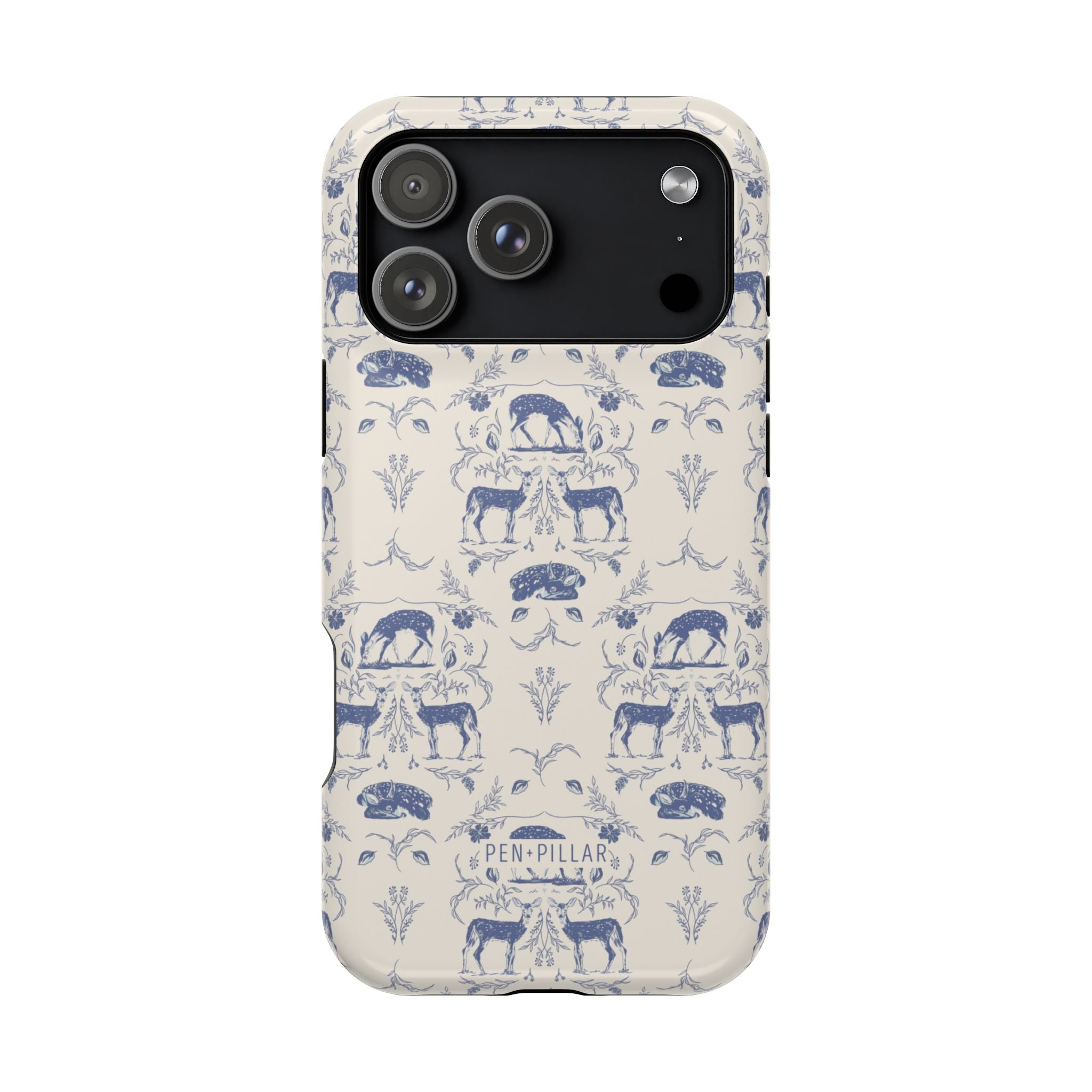 Woodland iPhone case featuring a blue and cream floral pattern with deer and botanical elements.