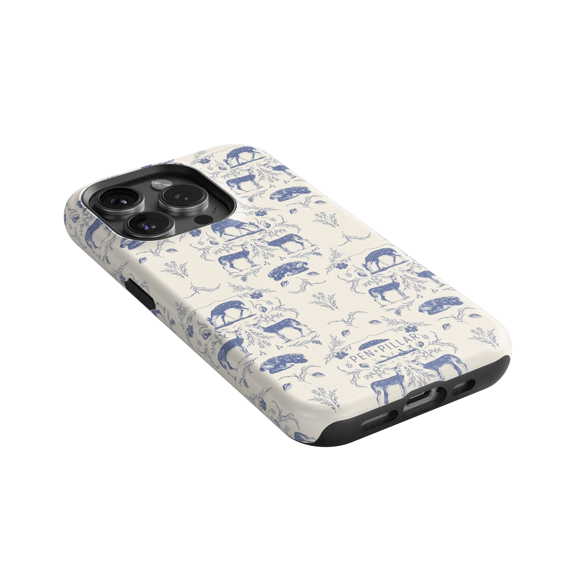 Woodland iPhone case featuring a blue and white floral pattern on a light background, angled view showing camera cutout.