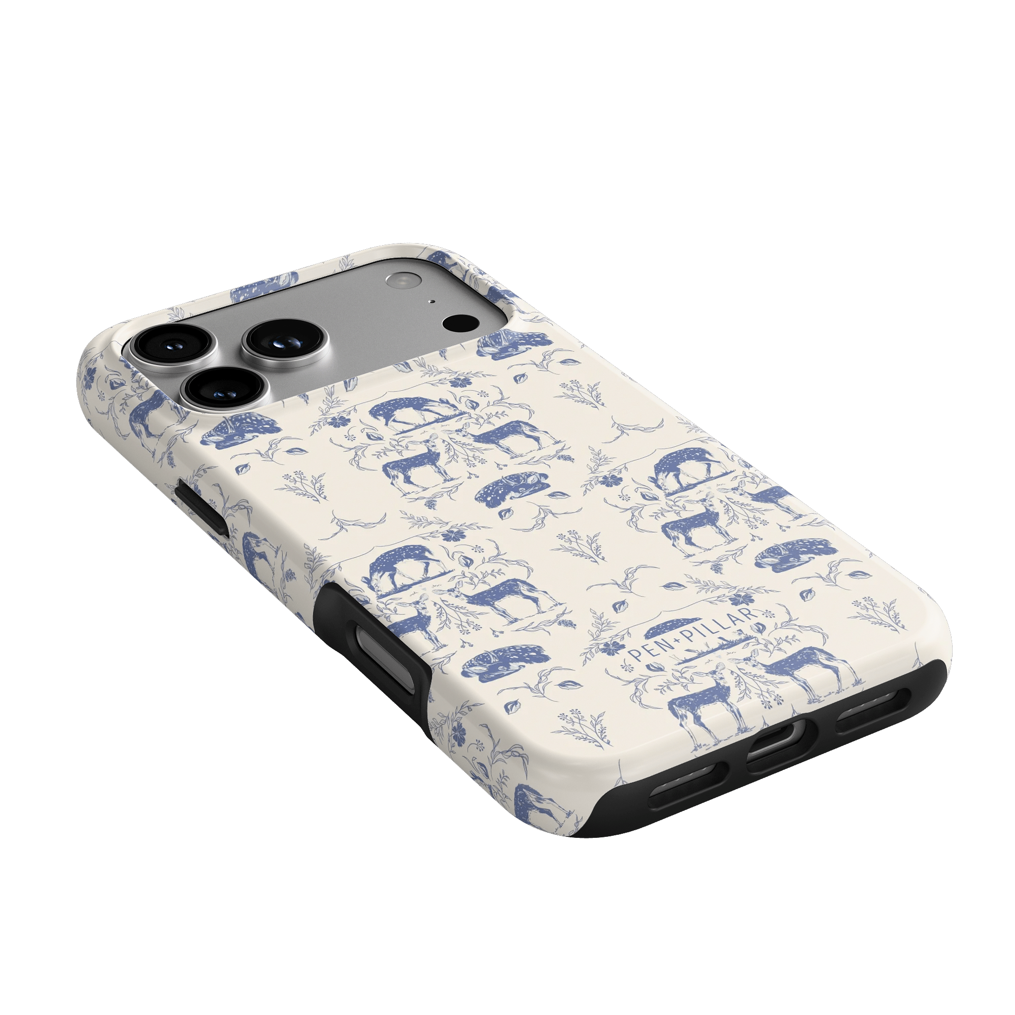 Woodland iPhone case featuring a blue and white animal print design with elephants and floral elements.
