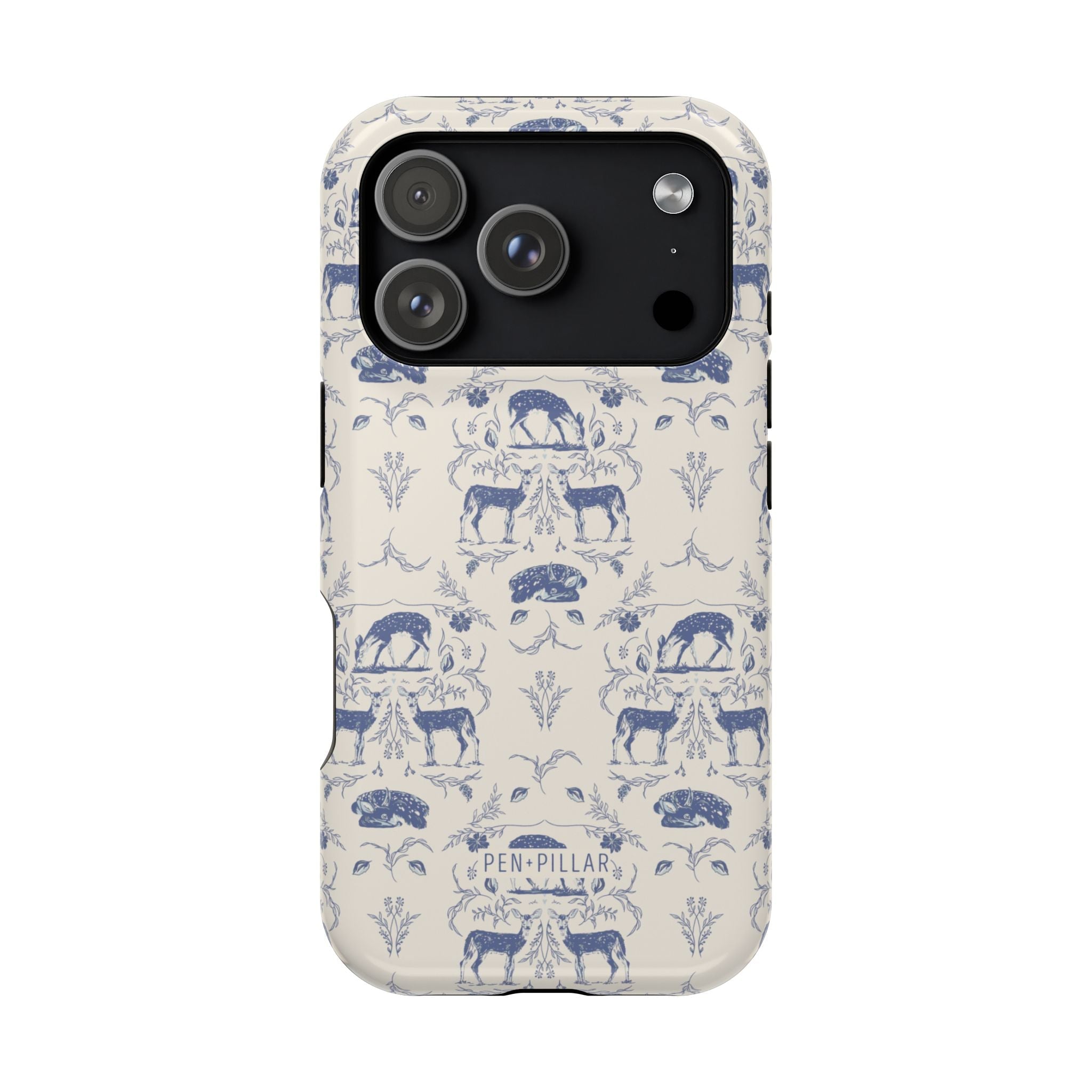 Woodland iPhone case featuring a blue and cream design with deer and floral patterns on a protective shell.