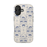 Woodland iPhone case featuring a blue and cream pattern with deer and floral designs on a sleek surface.