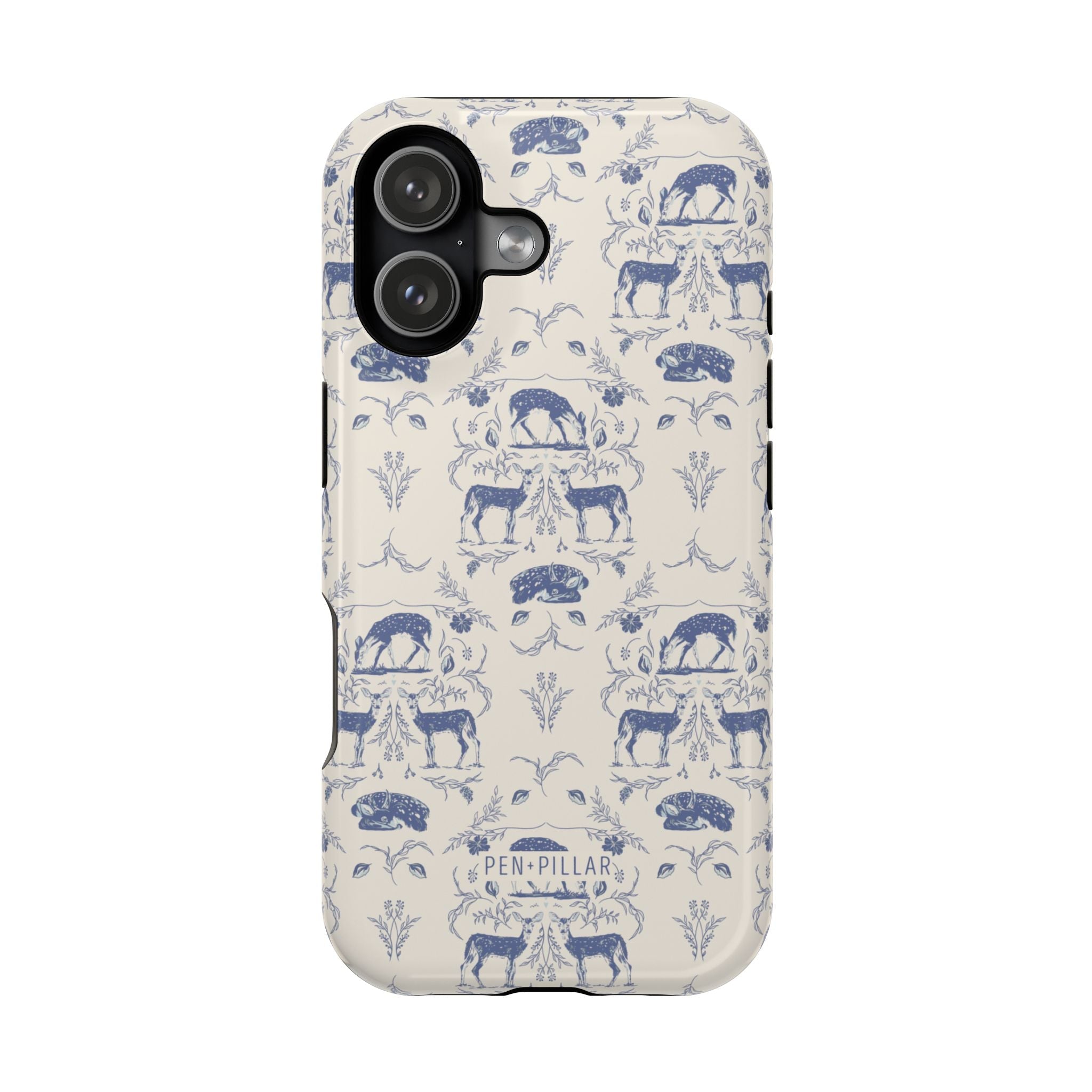 Woodland iPhone case featuring a blue and cream pattern with deer and floral designs on a sleek surface.