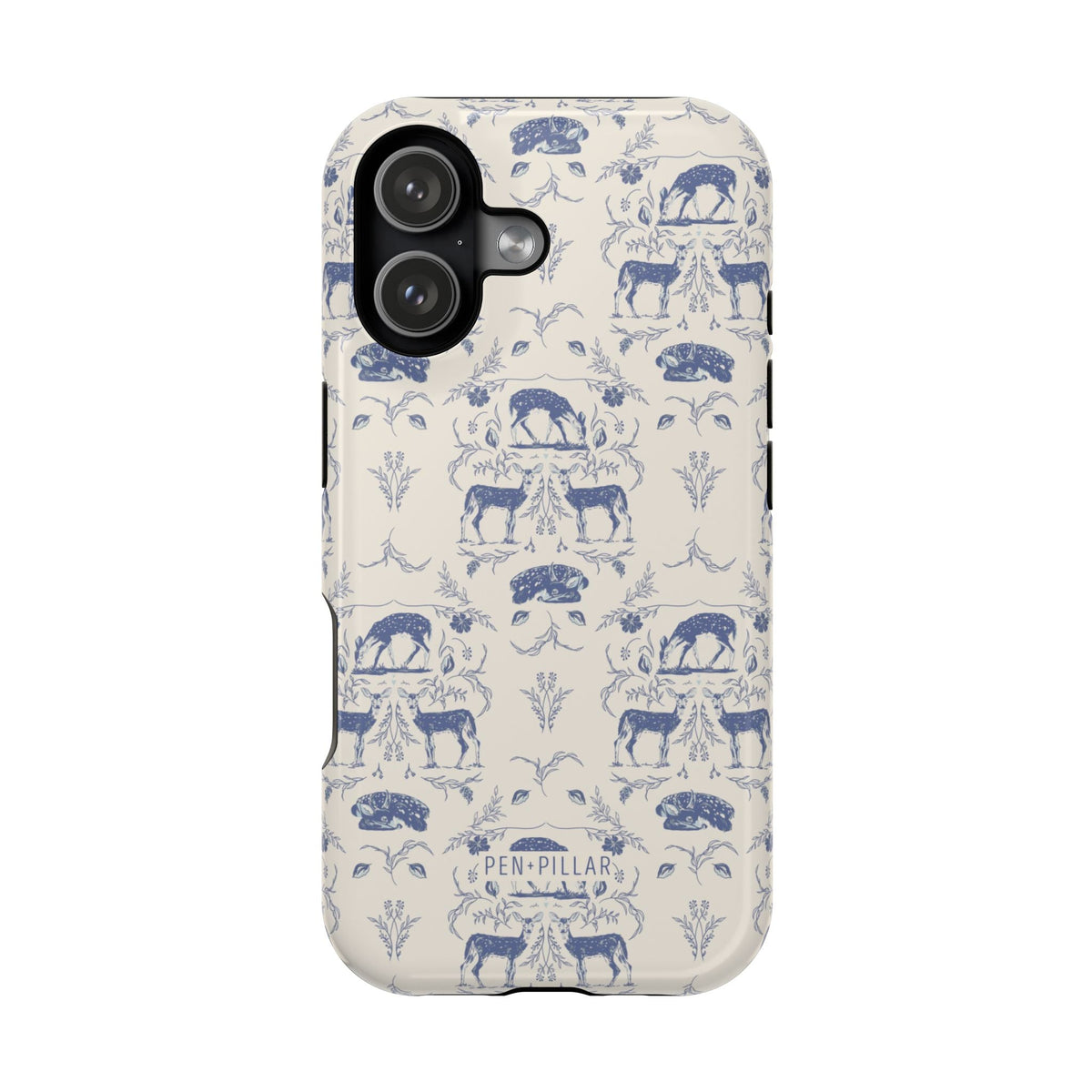 Woodland iPhone case featuring a blue and cream pattern with deer and floral designs on a sleek surface.
