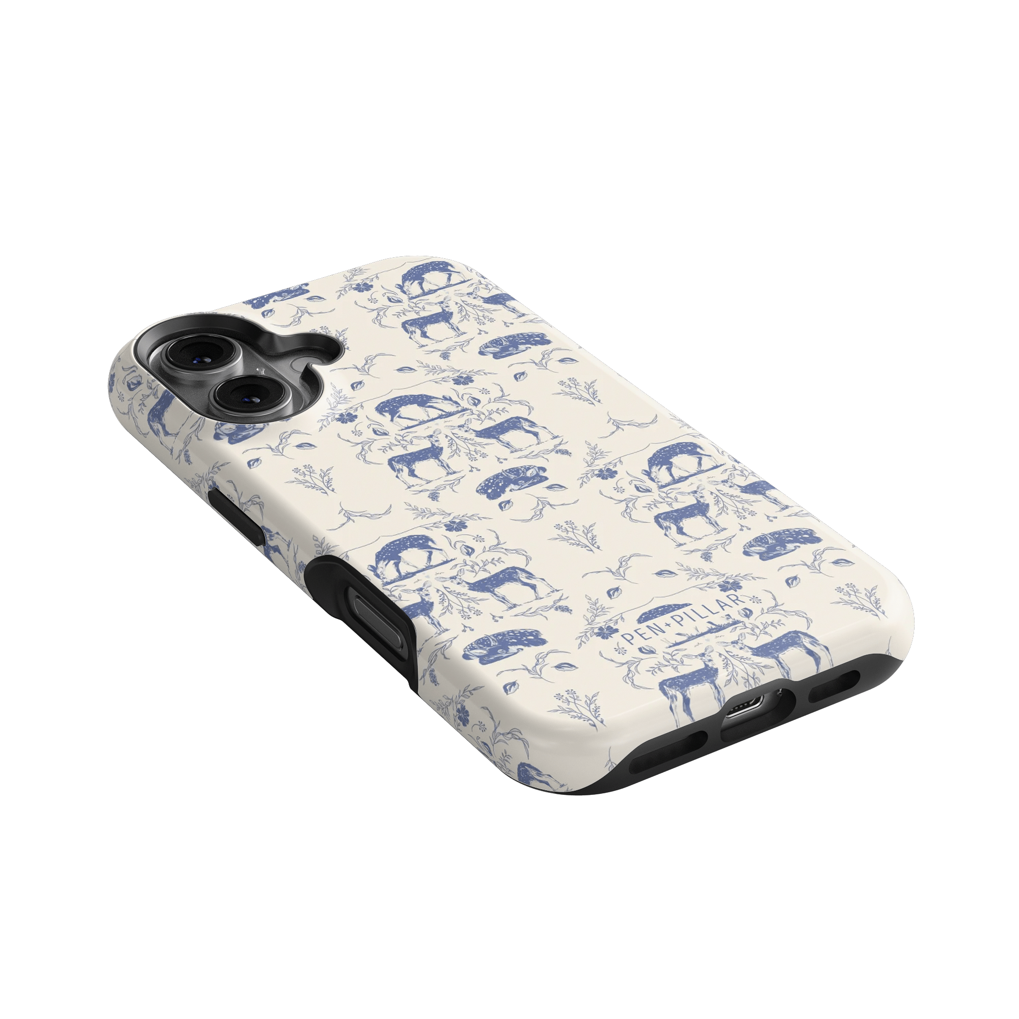Woodland iPhone case featuring a blue and white animal print design on a cream background, angled view.