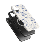 Woodland iPhone case featuring a blue and white animal print design on a light background, with a black case underneath.