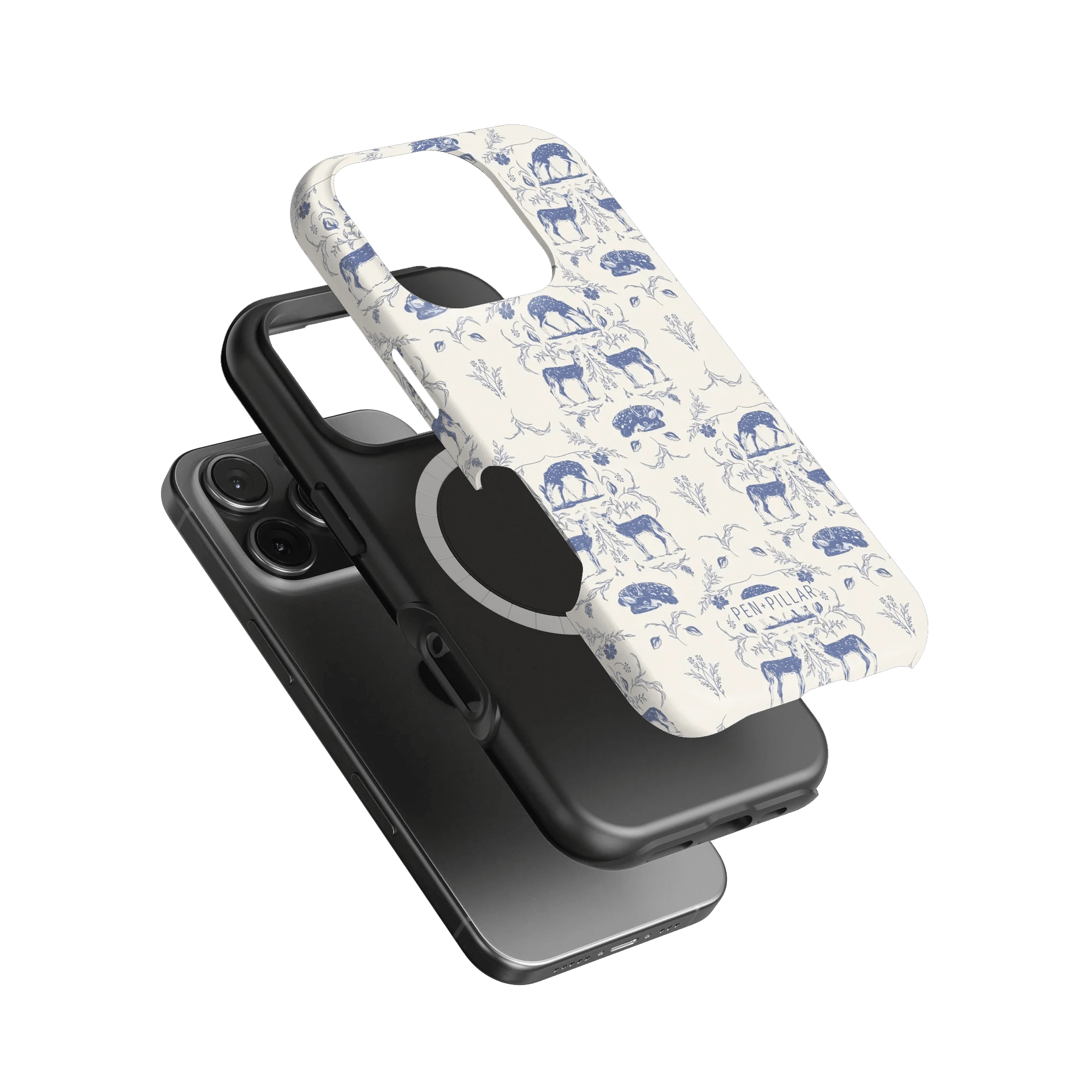 Woodland iPhone case featuring a blue and white animal print design, layered over a black phone case.