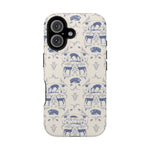 Woodland iPhone case featuring a blue and cream design with deer and floral patterns.