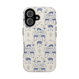 Woodland iPhone case featuring a blue and cream design with deer and floral patterns.