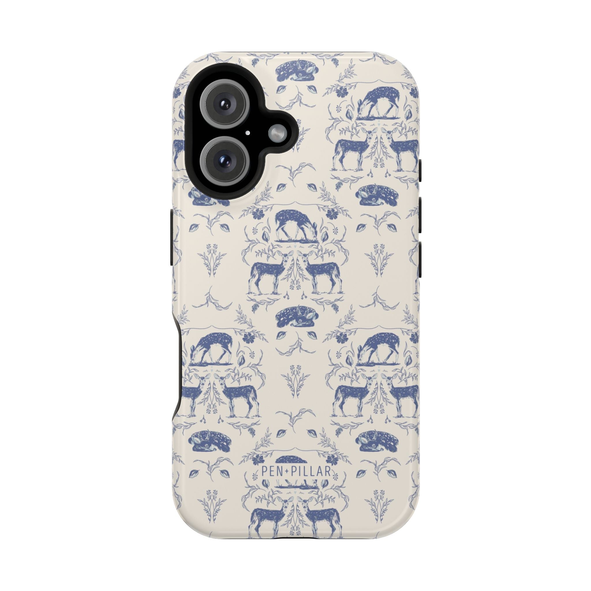Woodland iPhone case featuring a blue and cream design with deer and floral patterns.