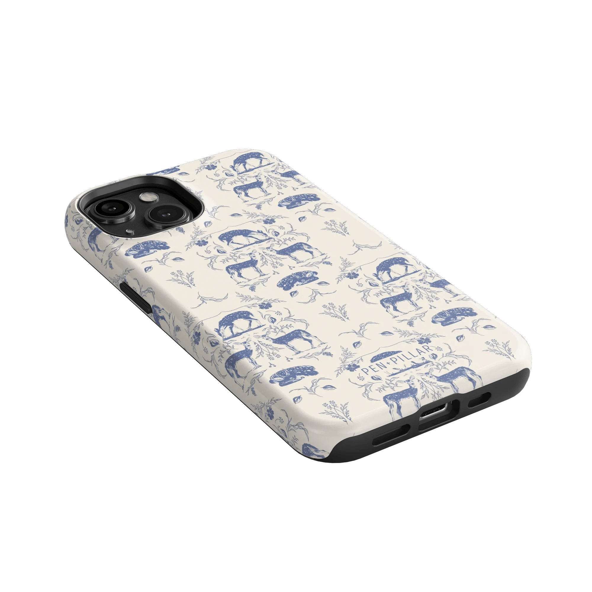 Woodland iPhone case featuring a cream background with blue animal and foliage illustrations, angled view showing side ports.