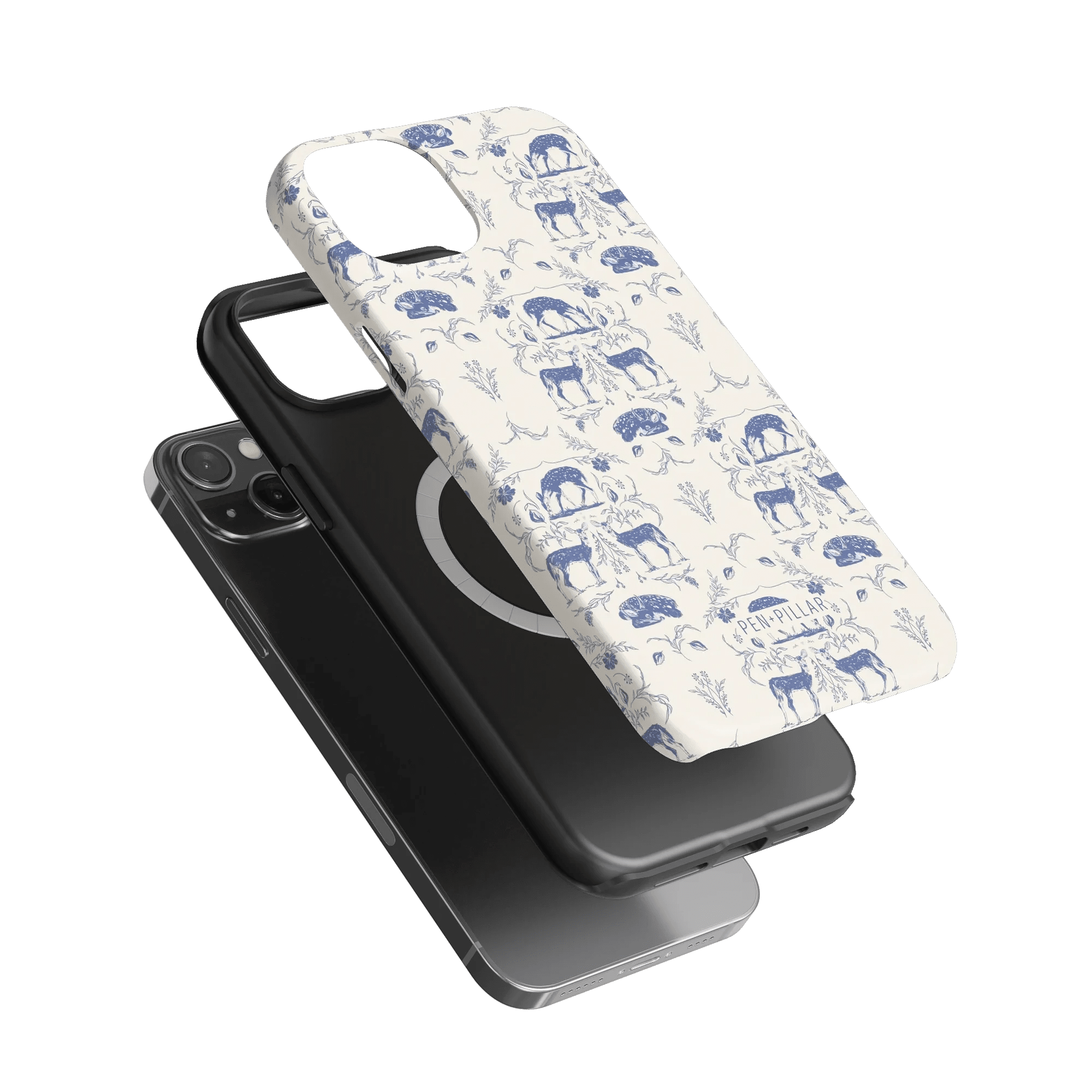 Woodland iPhone case featuring a blue and white animal print design, displayed on a black phone.