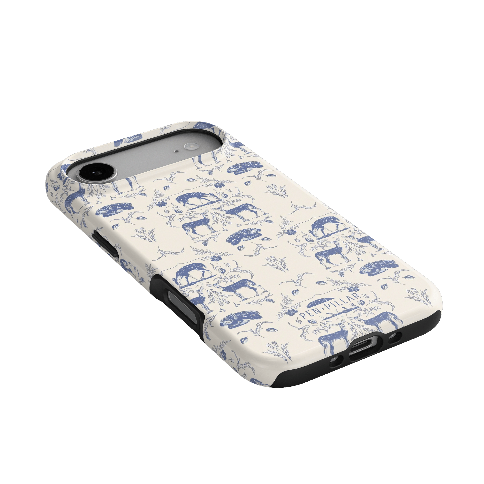 Woodland iPhone case featuring a blue and white animal pattern on a slim, protective design.