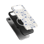 Woodland iPhone case featuring a blue and white animal print design, layered over a black phone case.