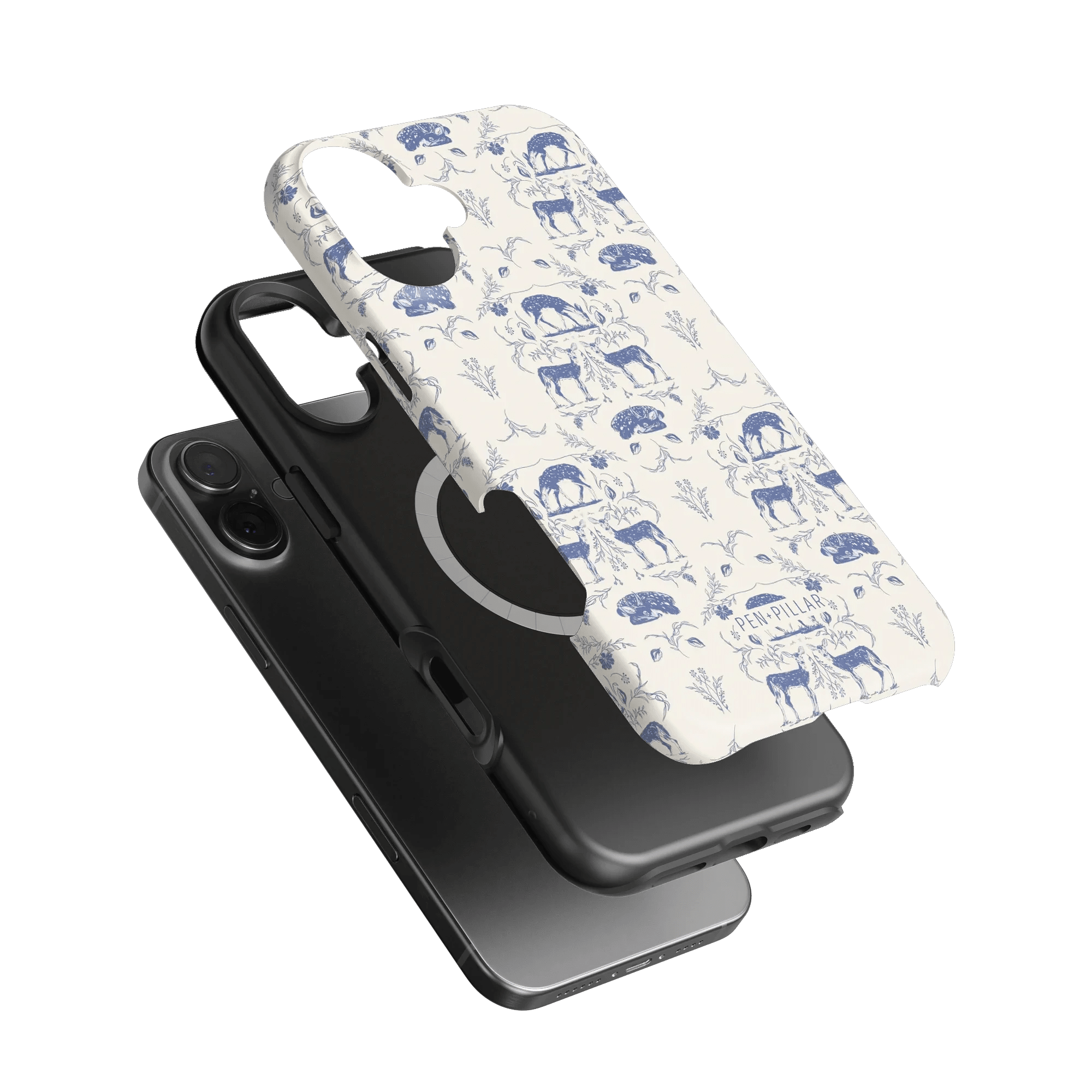 Woodland iPhone case featuring a blue and white animal print design, stacked over a black phone.
