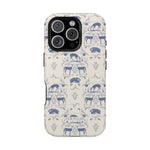 Woodland iPhone case featuring a blue and cream pattern with deer and floral designs, designed for protection and style.