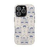 Woodland iPhone case featuring a blue and cream pattern with deer and floral designs, designed for protection and style.