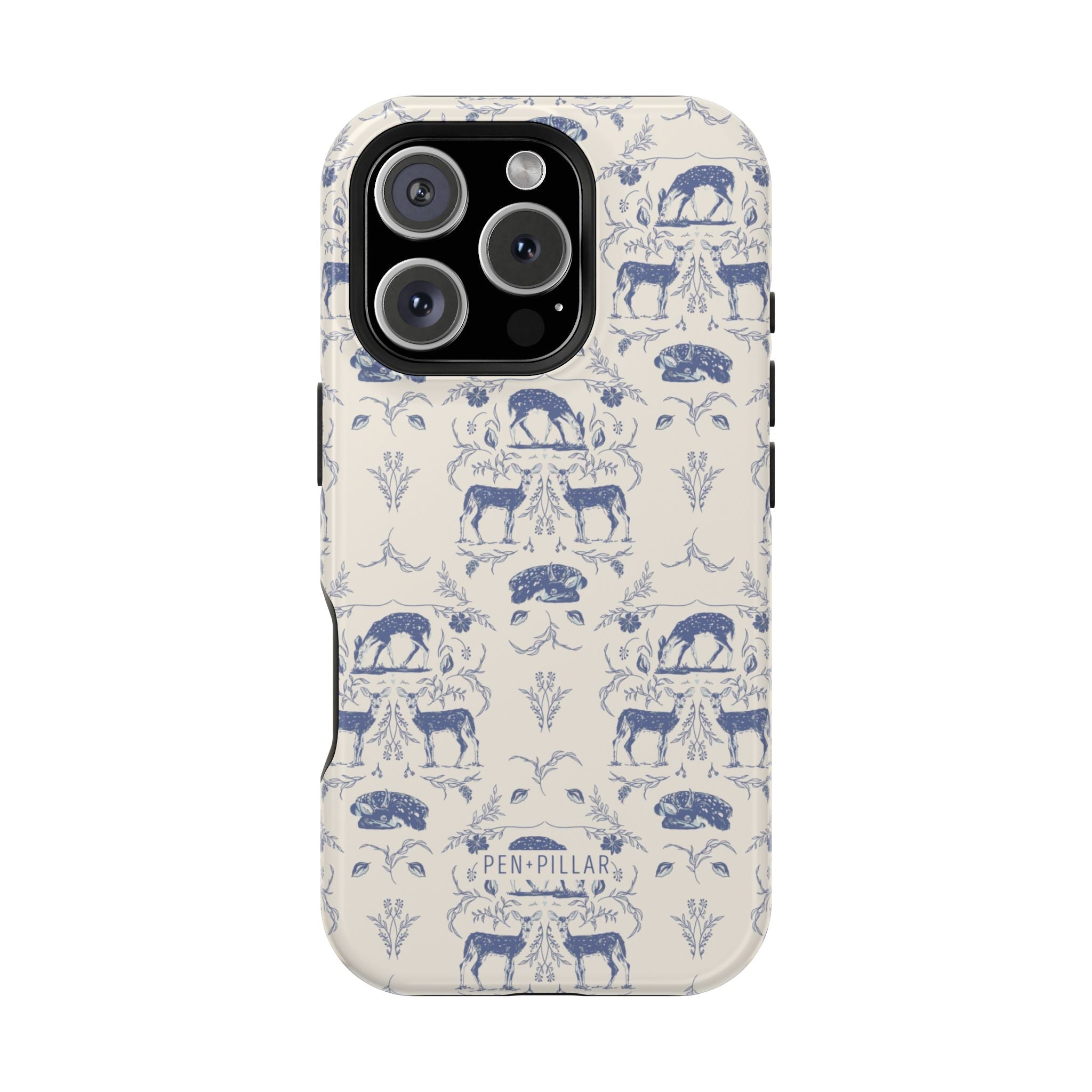Woodland iPhone case featuring a blue and cream pattern with deer and floral designs, designed for protection and style.