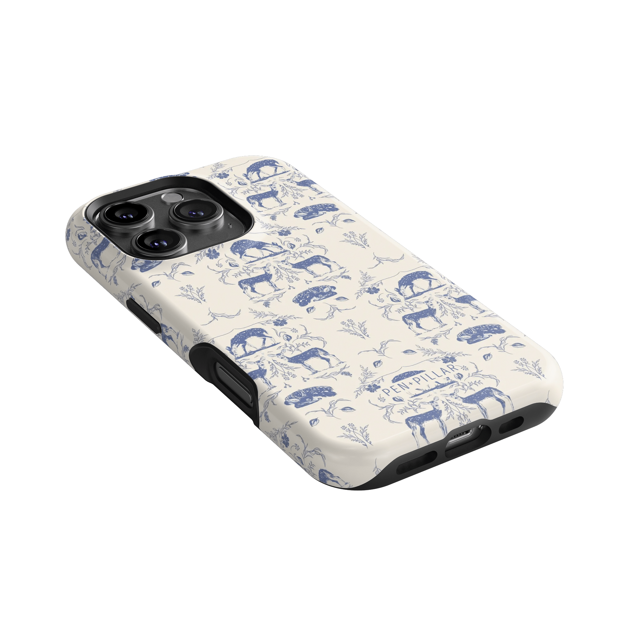 Woodland iPhone case featuring a blue and cream animal pattern, angled view showing camera cutout and button access.