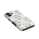 Woodland iPhone case featuring a blue and white animal pattern on a cream background, angled for display.