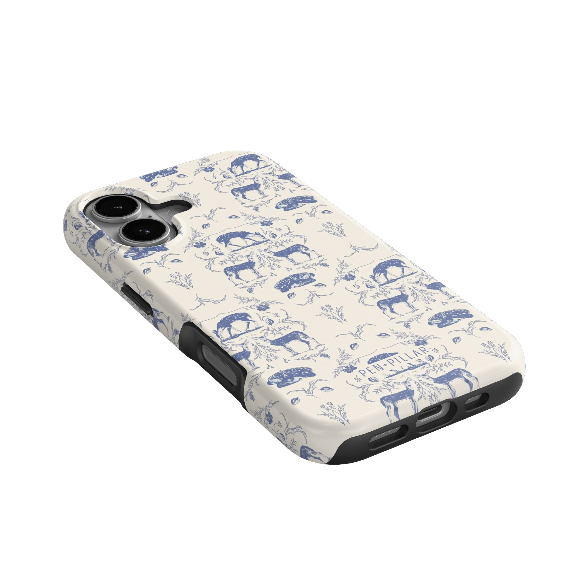 Woodland iPhone case featuring a blue and white animal pattern on a cream background, angled for display.