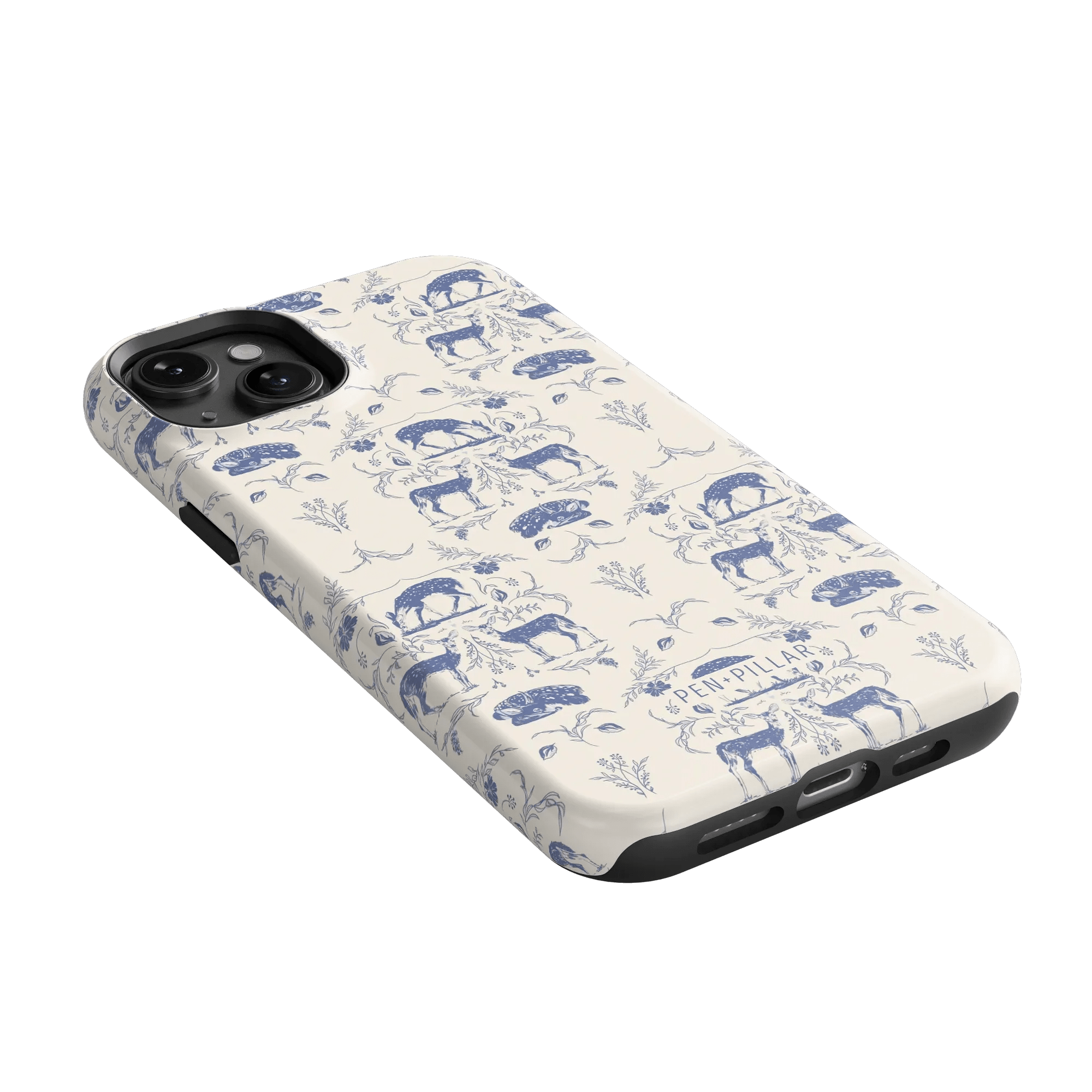 Woodland iPhone case featuring a blue and white animal print design with deer and floral motifs.