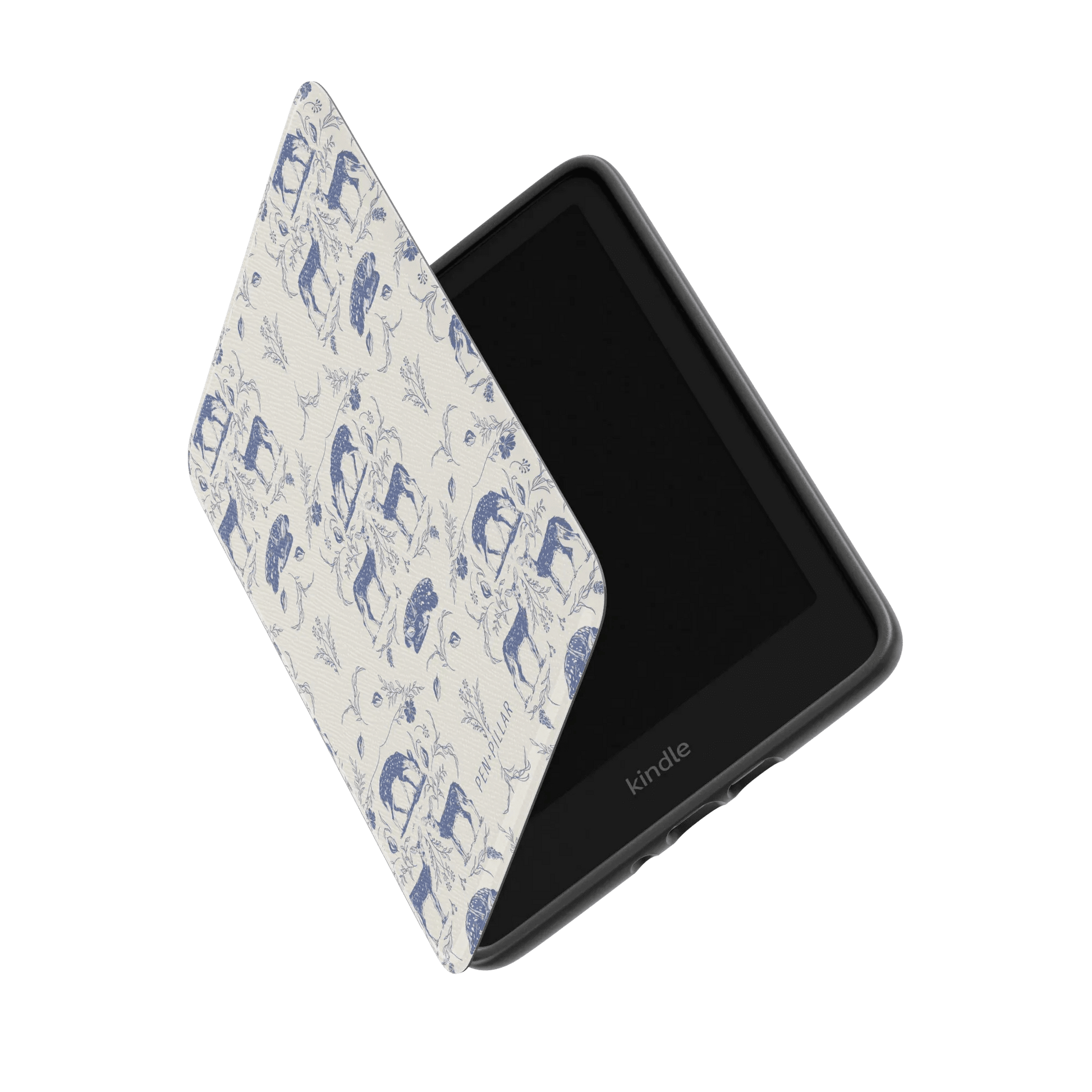 Woodland Kindle case featuring a blue and white forest animal design, partially opened to reveal the Kindle device inside.