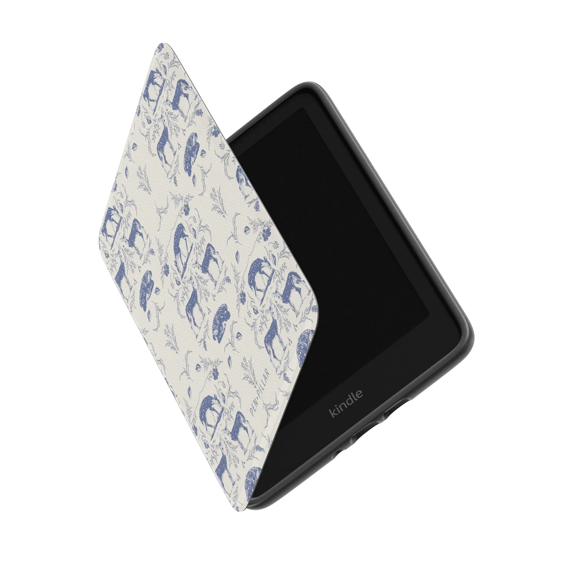 Woodland Kindle case featuring a blue and white forest animal design, partially opened to reveal the Kindle device inside.