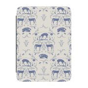 Woodland Kindle case featuring a blue and white deer and floral pattern on a textured background.