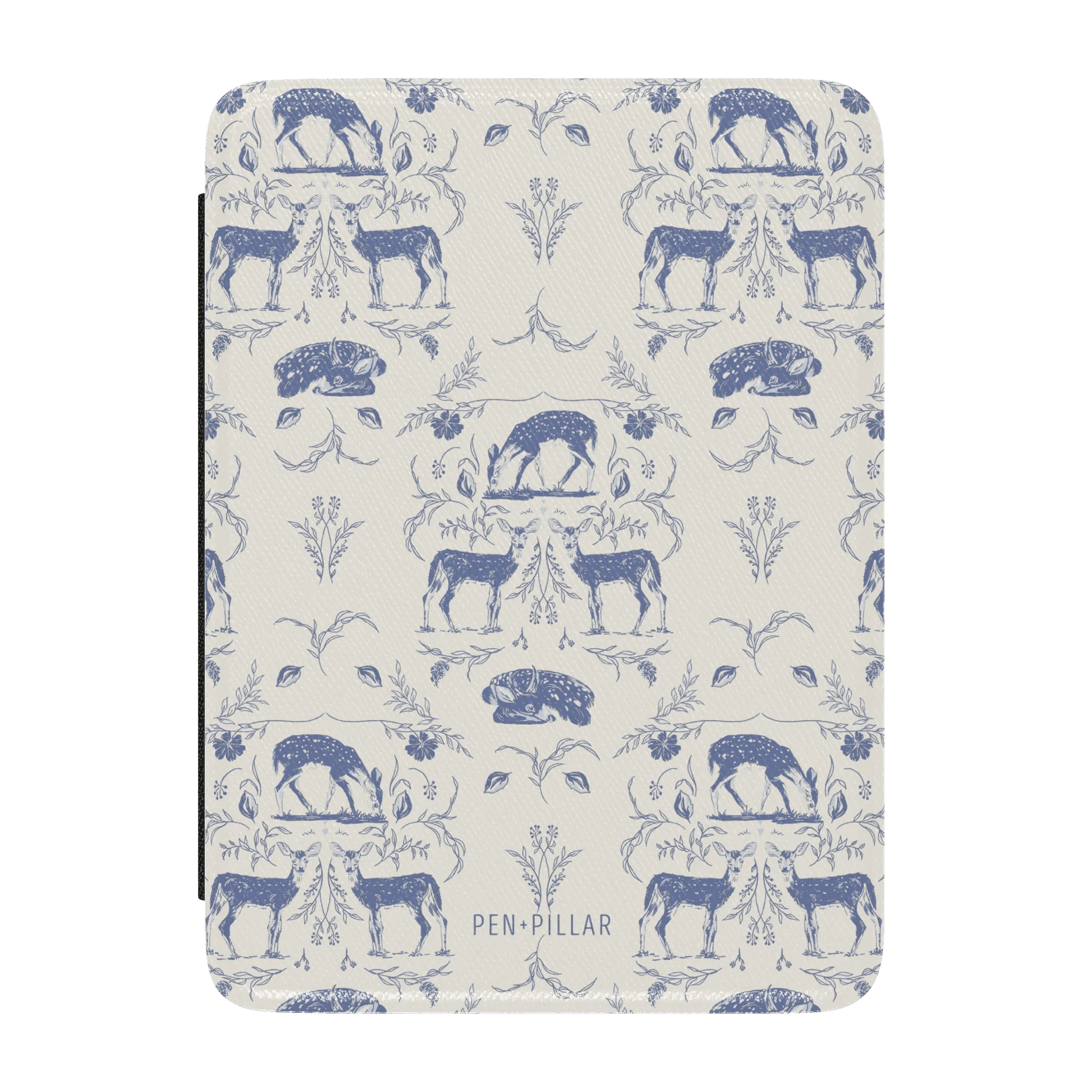 Woodland Kindle case featuring a blue and white deer and floral pattern on a textured background.
