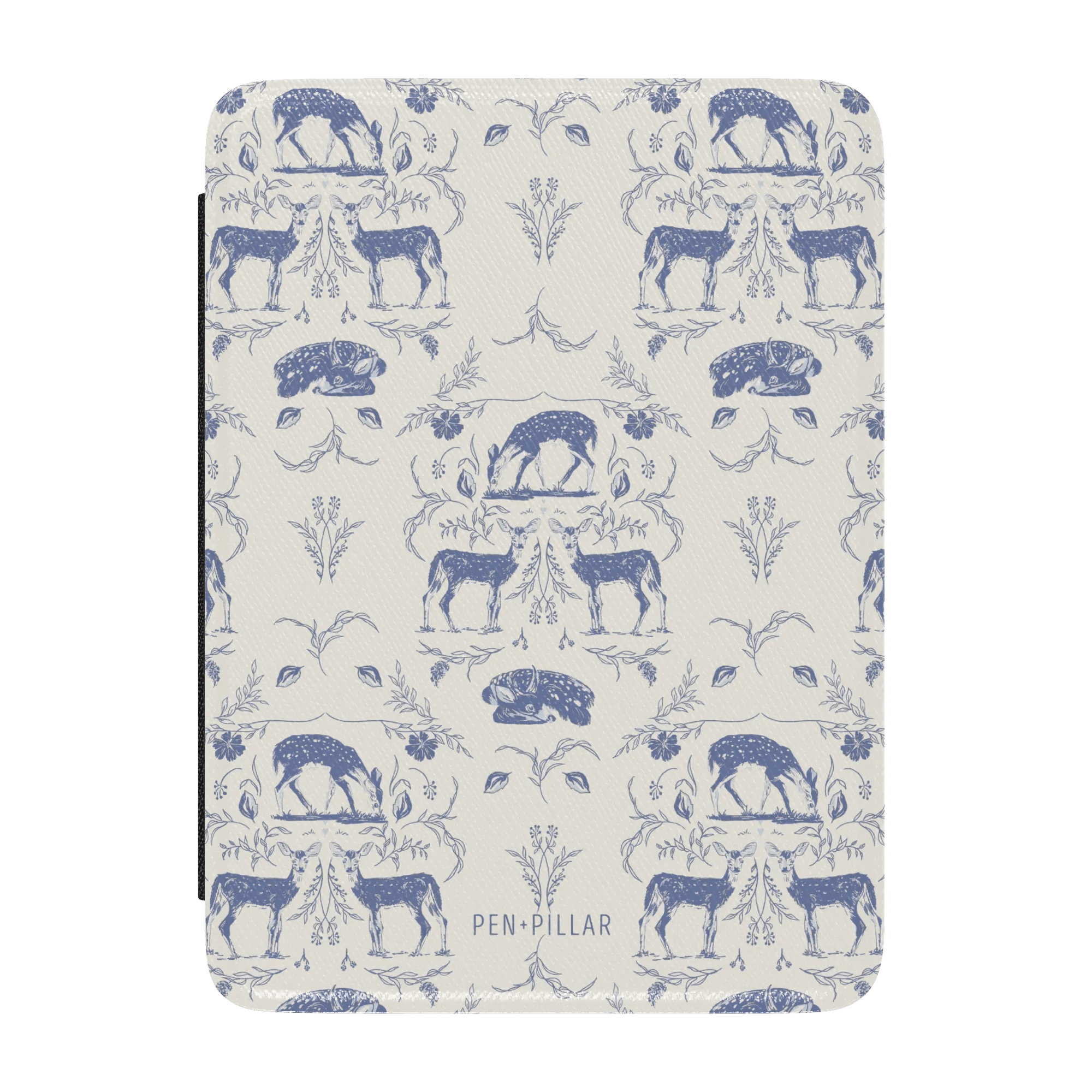 Woodland Kindle case featuring a blue and white deer and floral pattern on a textured background.