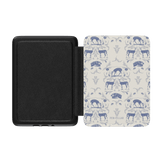Woodland Kindle case with a blue deer and floral pattern on a cream background, open to show the interior.