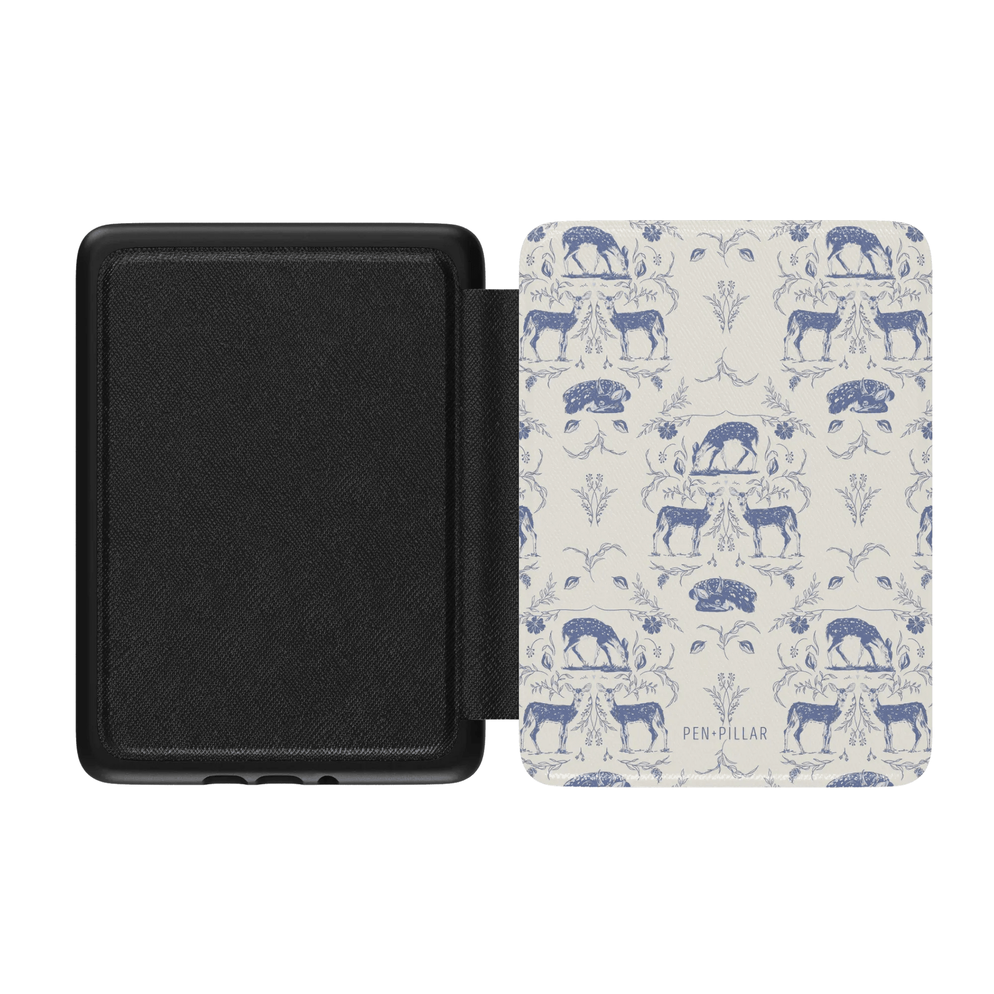 Woodland Kindle case with a blue deer and floral pattern on a cream background, open to show the interior.