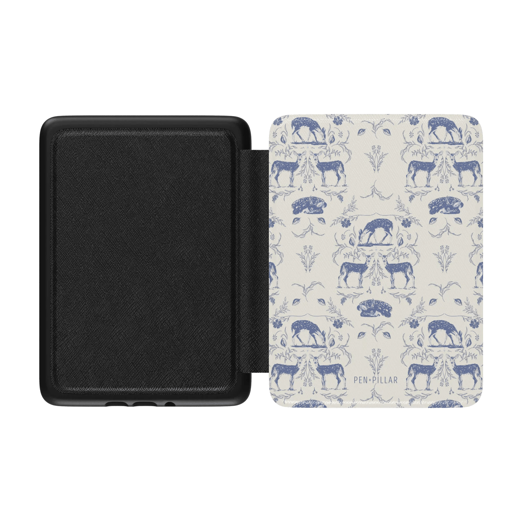Woodland Kindle case with a blue deer and floral pattern on a cream background, open to show the interior.