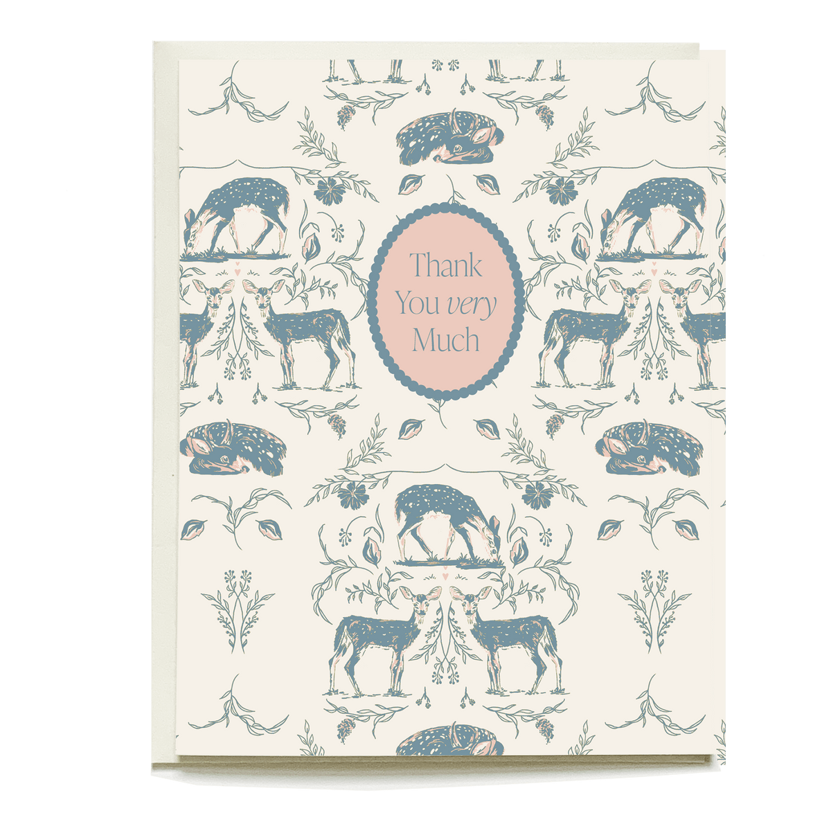 Woodland thank you card featuring deer and floral patterns with a circular "Thank You very Much" message in the center.