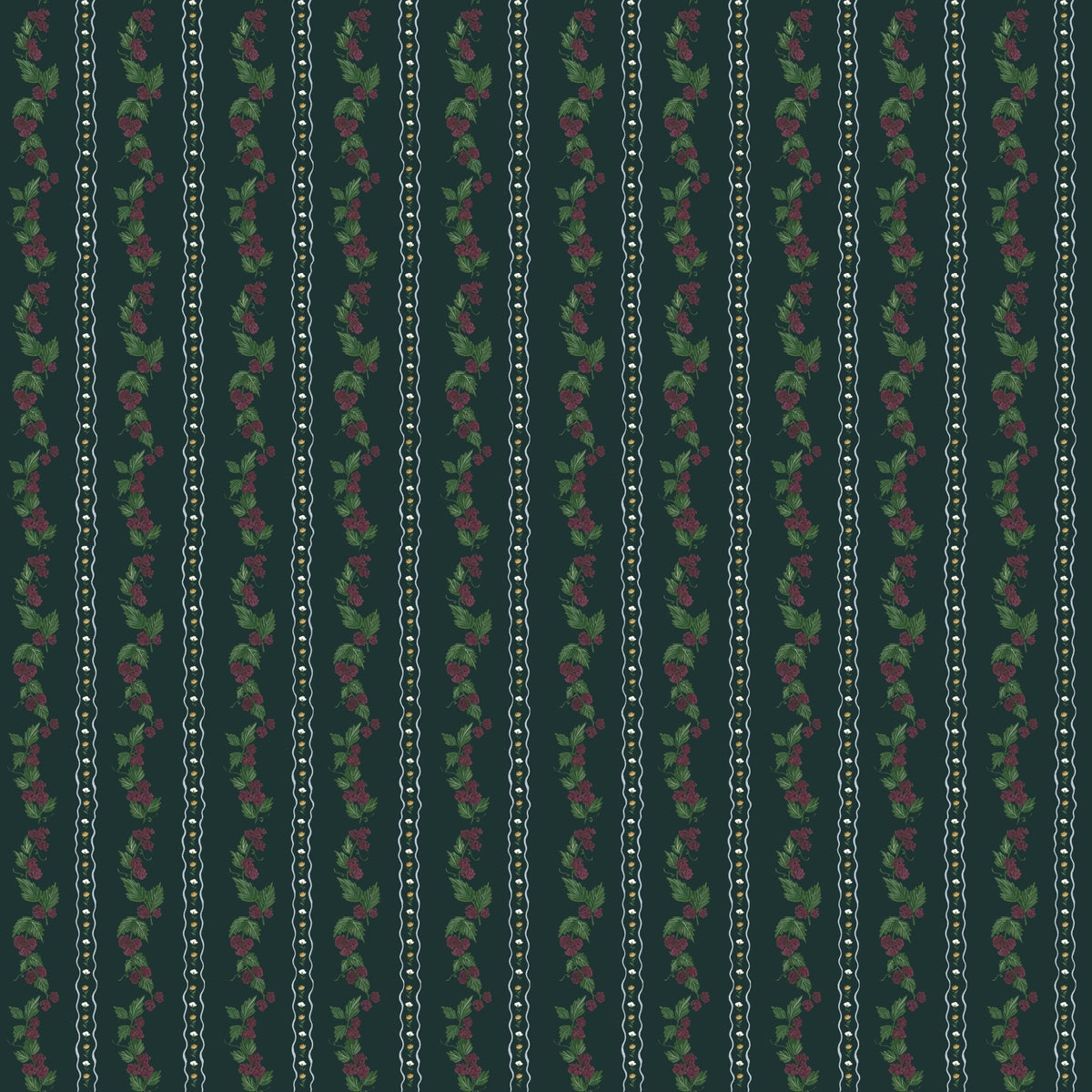 Dark green Wrenley wallpaper featuring vertical stripes of red berries, green leaves, and white wavy lines.