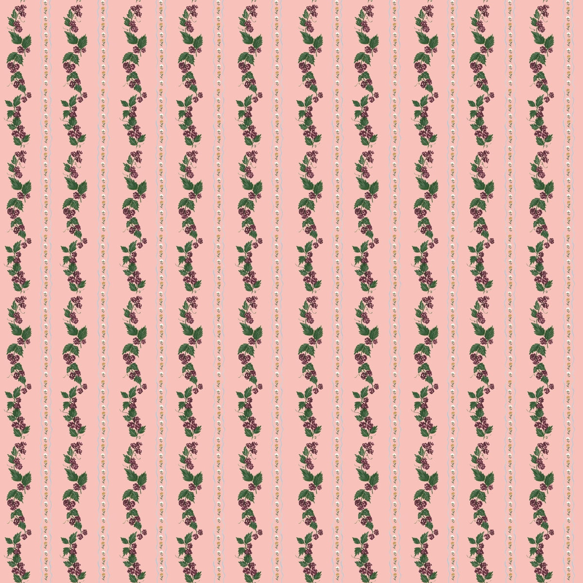 Vertical stripes of purple blackberries and green leaves on a pink background for Wrenley wallpaper by Pen and Pillar.