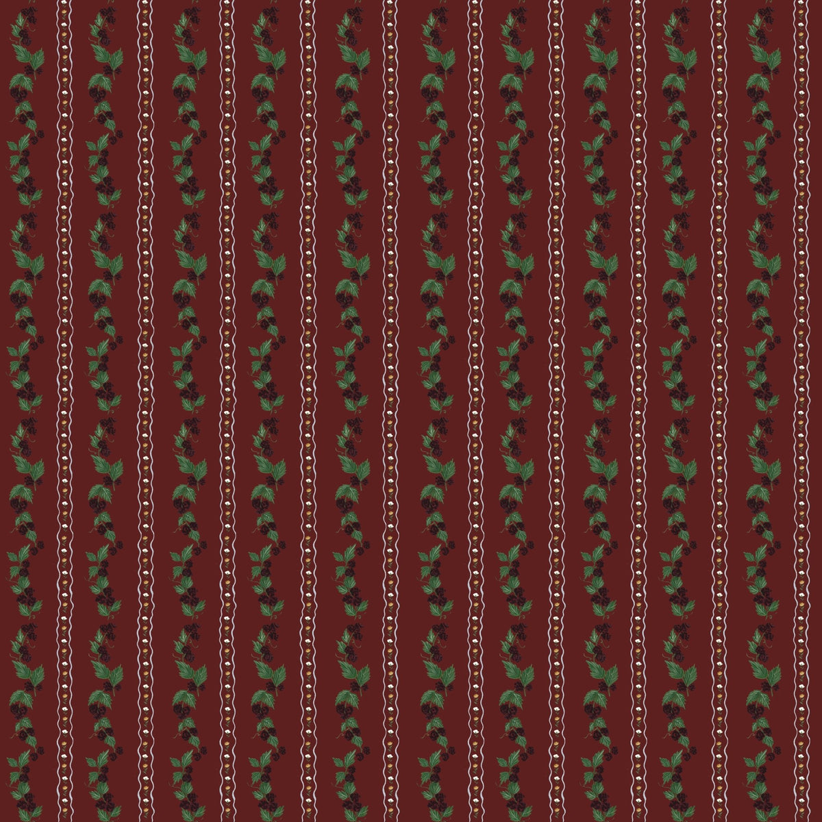 Dark red wallpaper with vertical stripes of green leaves, dark berries, and white wavy lines.