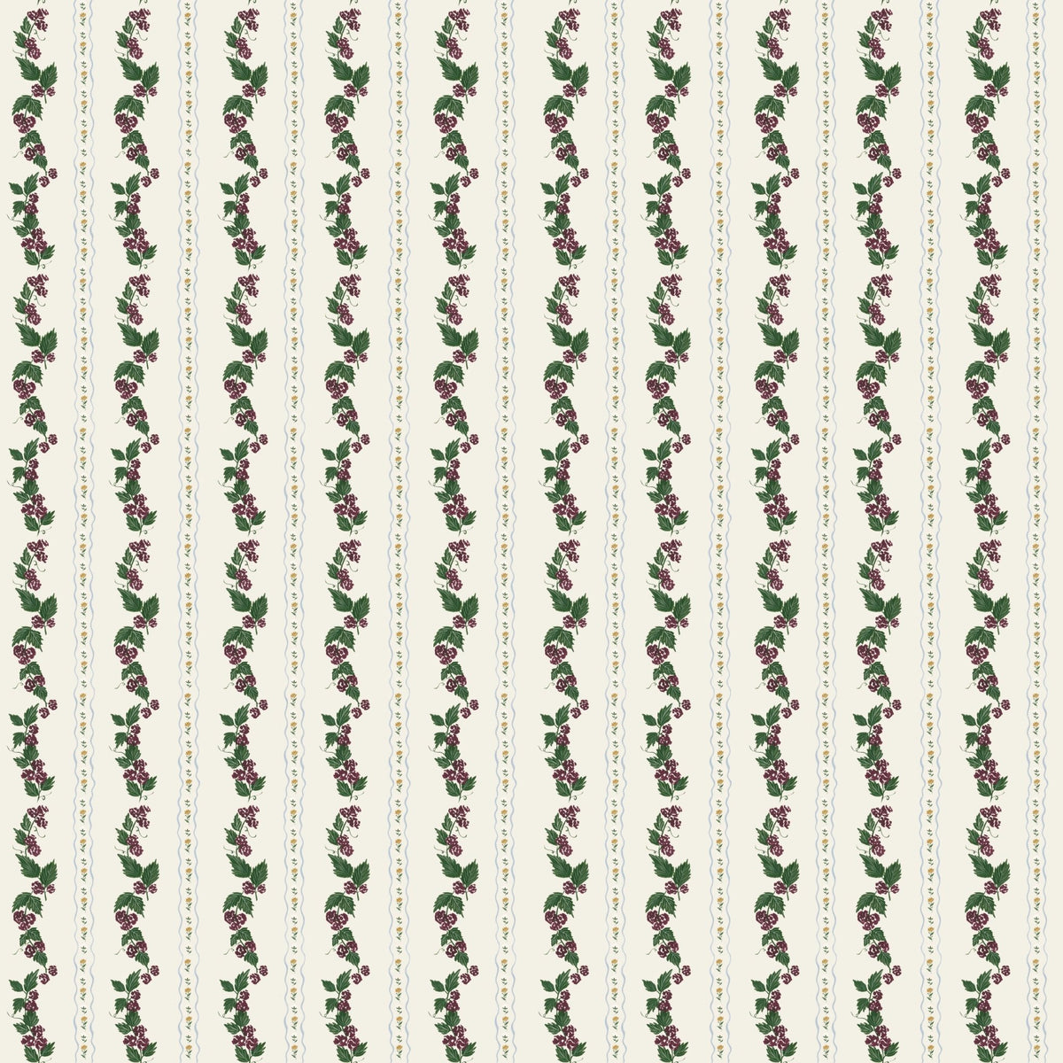 Vertical stripes of purple berries and green leaves on cream wallpaper with thin blue wavy lines and floral accents.