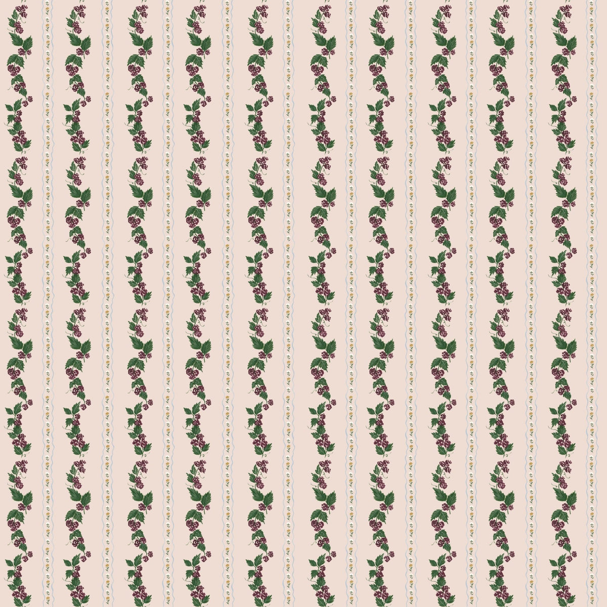 Vertical stripes of purple berries and green leaves on a light pink background for Wrenley Wallpaper by Pen and Pillar.