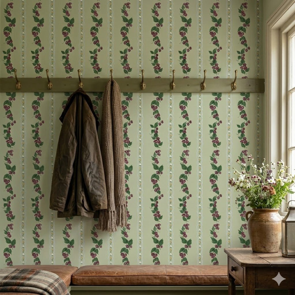 Green Wrenley wallpaper with vertical stripes of purple berries and green leaves behind a wooden coat rack.
